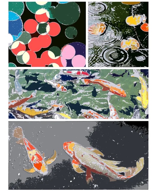 Artwork from The Book of Sarth: koi in three panels.