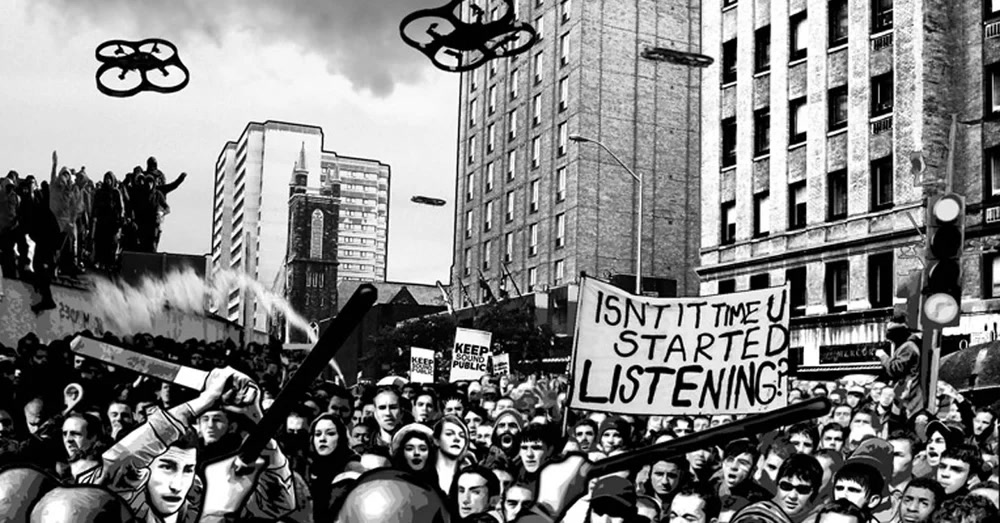 Cover art of The Book of Sarth: a crowd under drones, one sign reading Isn't it time u started listening?