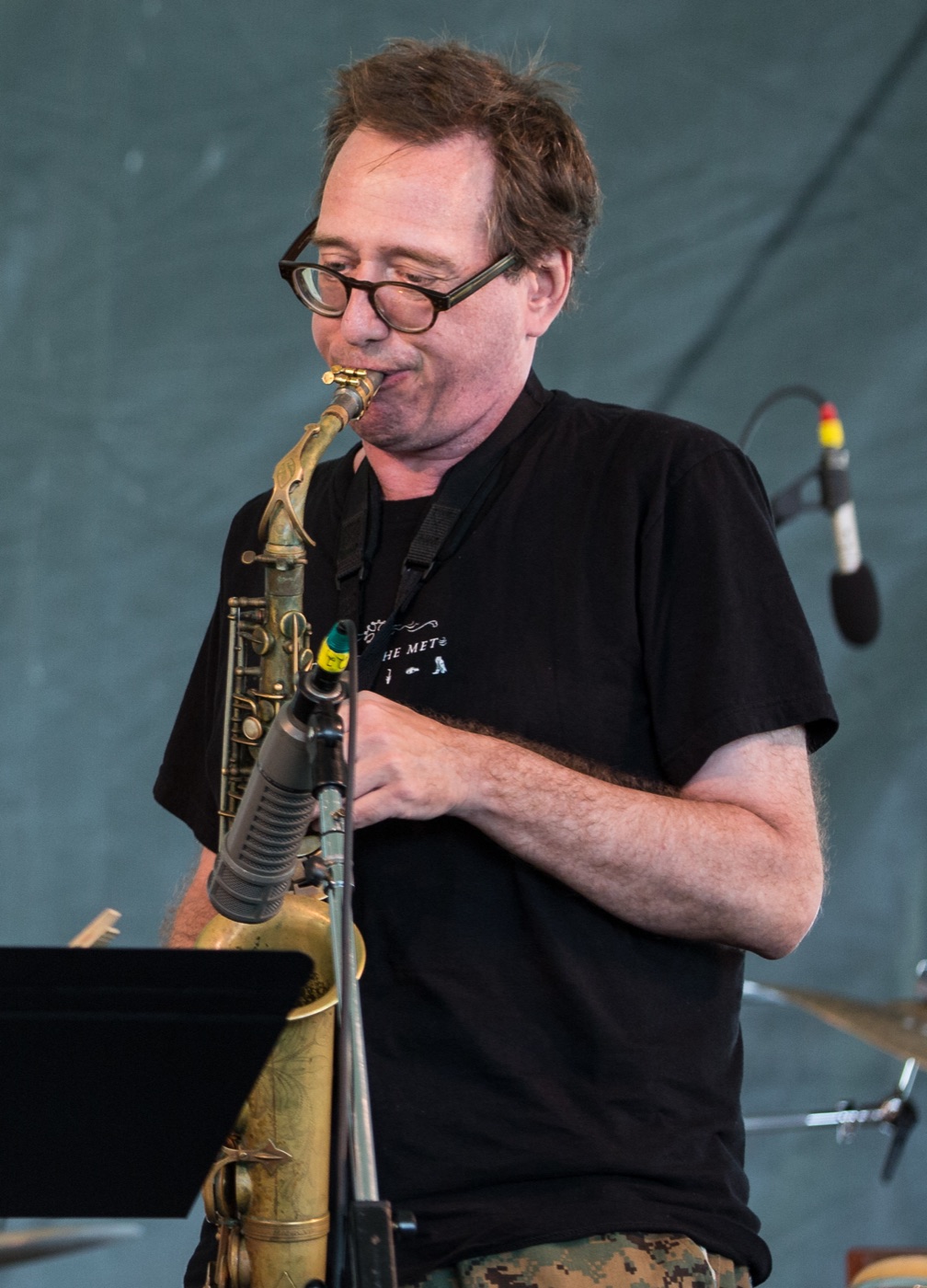 John Zorn with his saxophone at the Newport Jazz Festival, 2014.