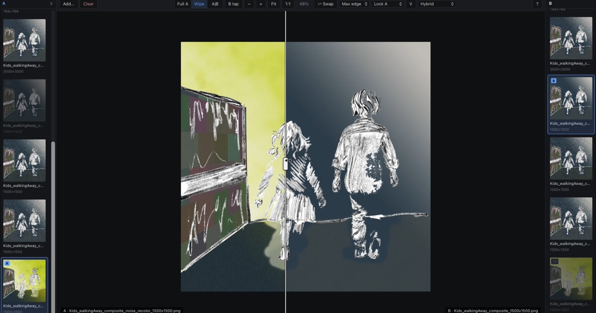 Image Compare Workbench: two rails of thumbnails either side of a wipe between two versions of a drawing of children walking away.