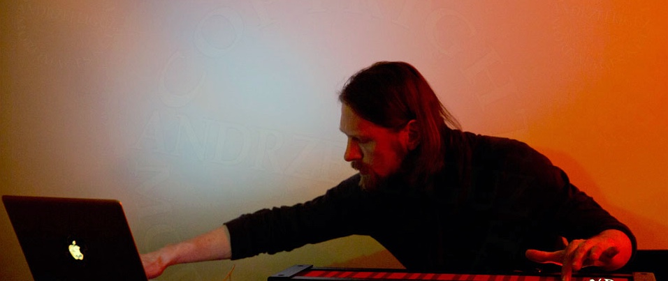 Sarth Calhoun playing a laptop and a Continuum at the Gralbum launch.