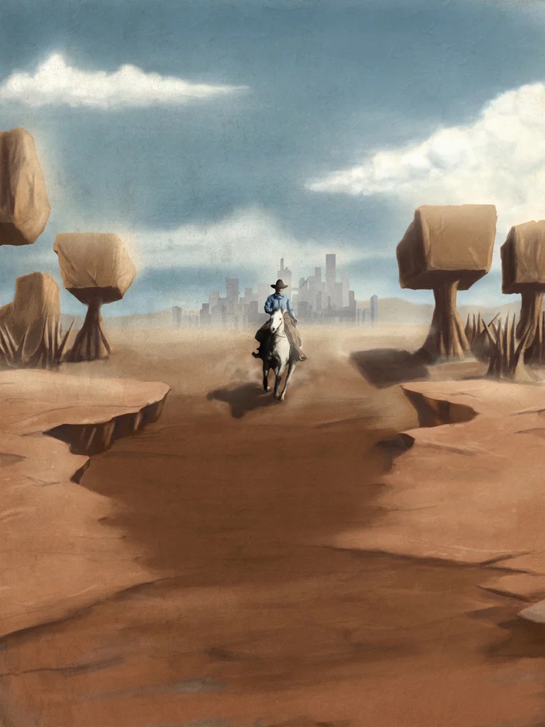Heroes on Horses, artwork by Archie P. Valdez for The Book of Sarth: riders on horseback in a stylised landscape.