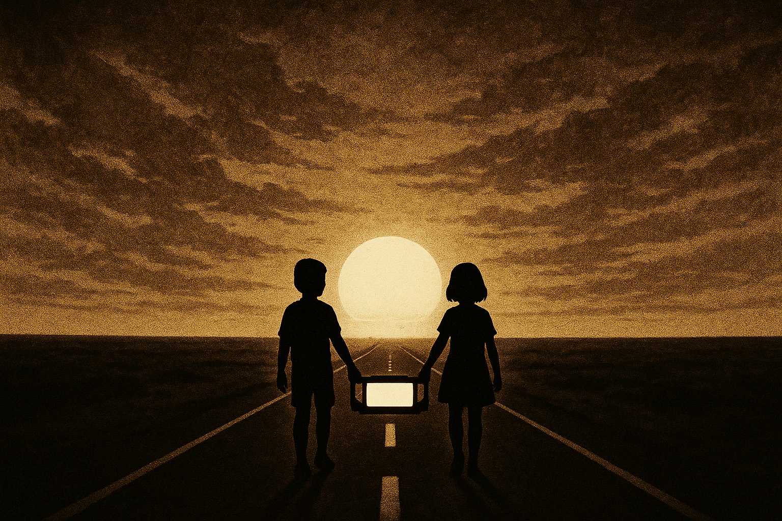 Two children on a road at sunset, carrying a glowing television between them. Art by Sarth Calhoun.