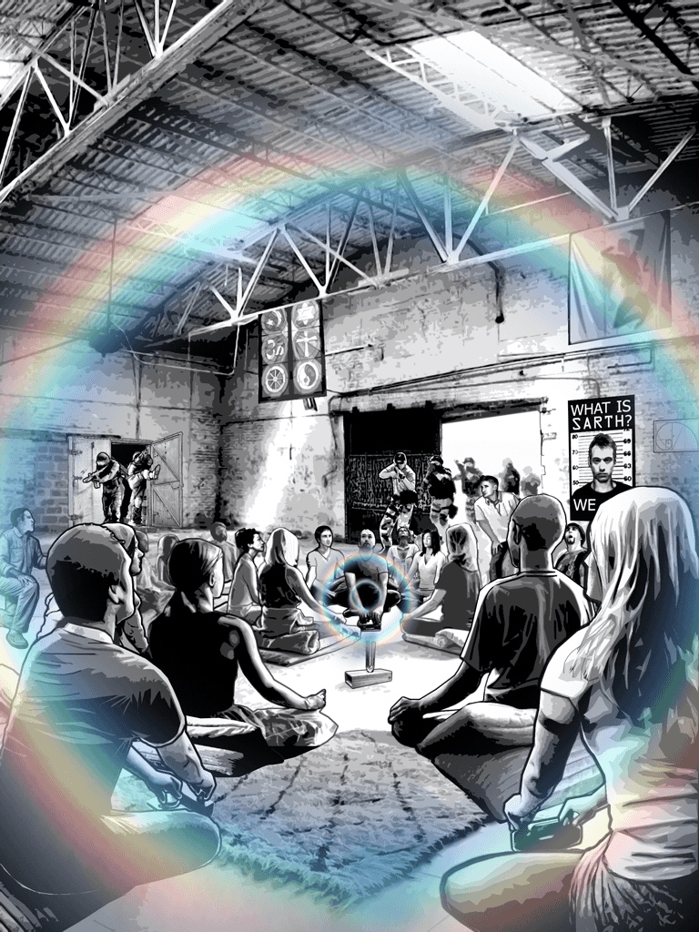 Artwork from The Book of Sarth: a circle of people meditating in a warehouse under a rainbow.