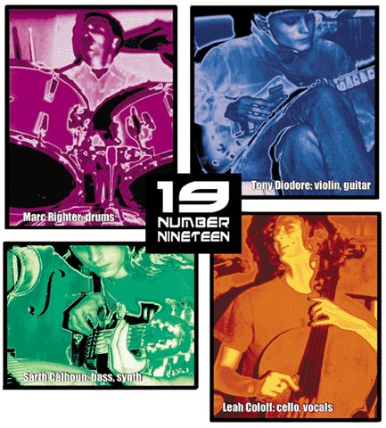 Number19 in 2001, four tinted panels around the band’s logo: Mark Righter at the drums, Tony Diodore with a guitar, Sarth Calhoun on bass, Leah Coloff at the cello.