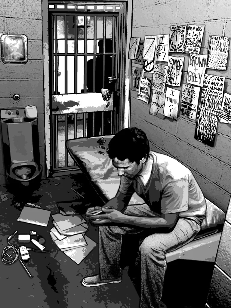 Artwork from The Book of Sarth: a man on a cell bunk surrounded by handwritten signs.